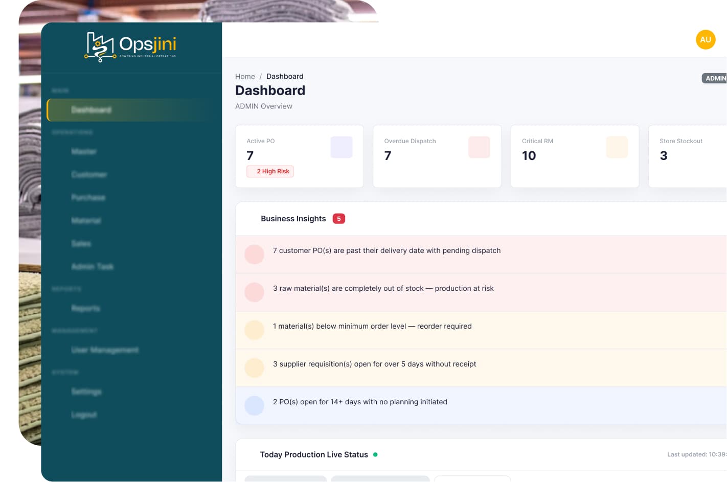 Opsjini dashboard showing live production status