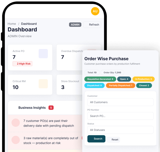 Opsjini dashboard and order-wise purchase screen